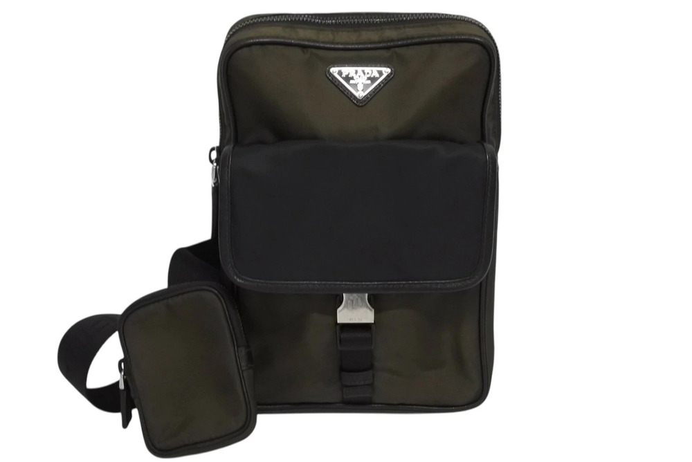 Prada Hobo Backpack Triangle Leather Khaki Green Black